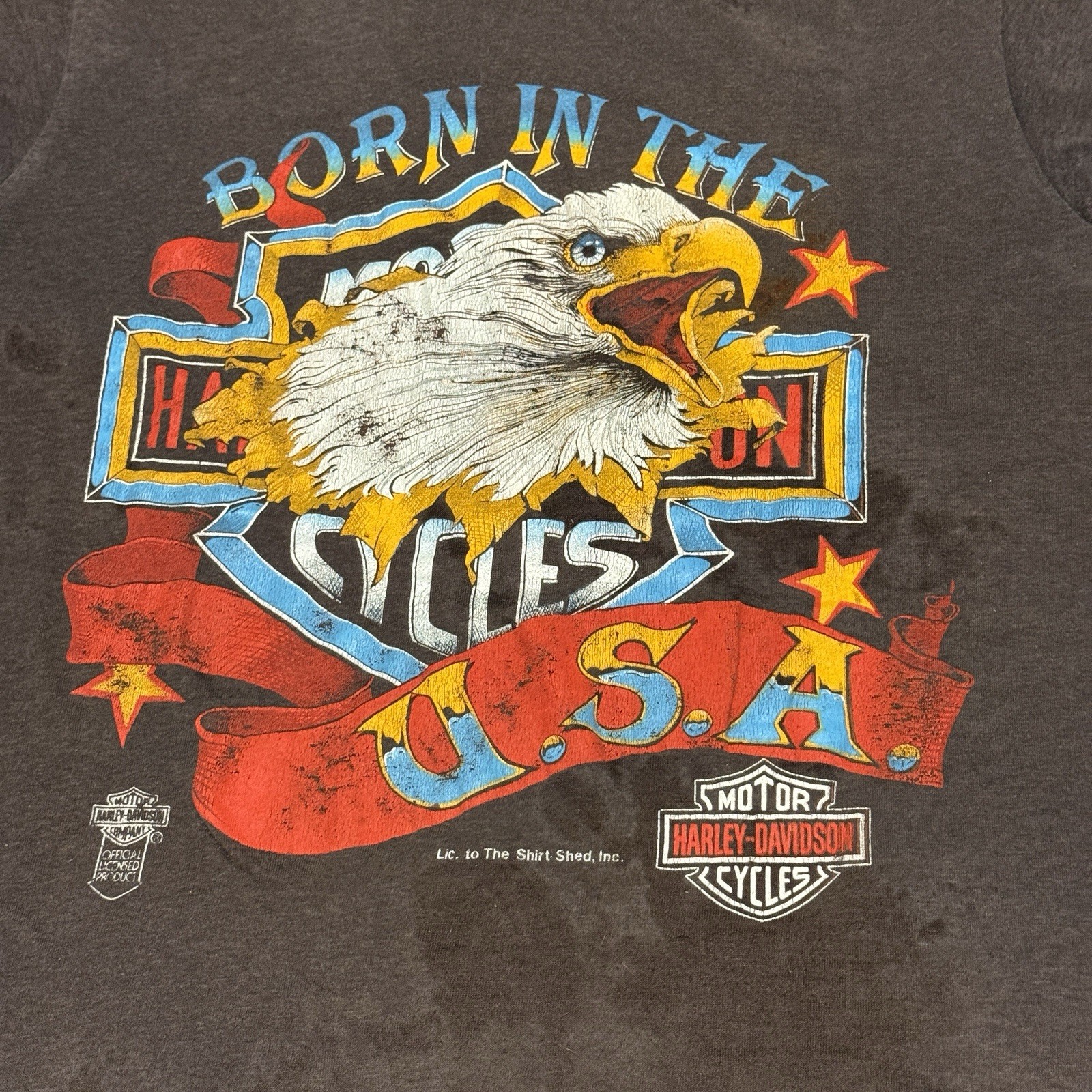 80s Harley Davidson Born In The USA Eagle Faded Emblem T-shirt Adult M 19 X 26