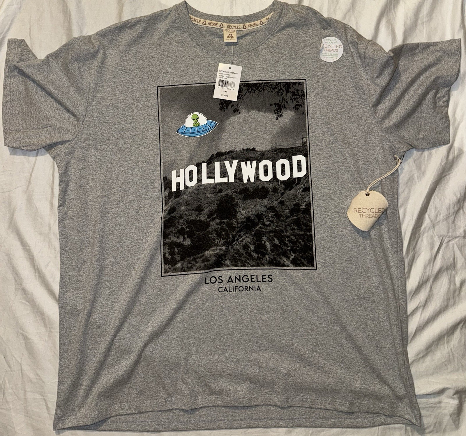 Recycled Threads Men’s LA Hollywood Alien UFO Graphic Gray T-Shirt Sz 2XL NWT