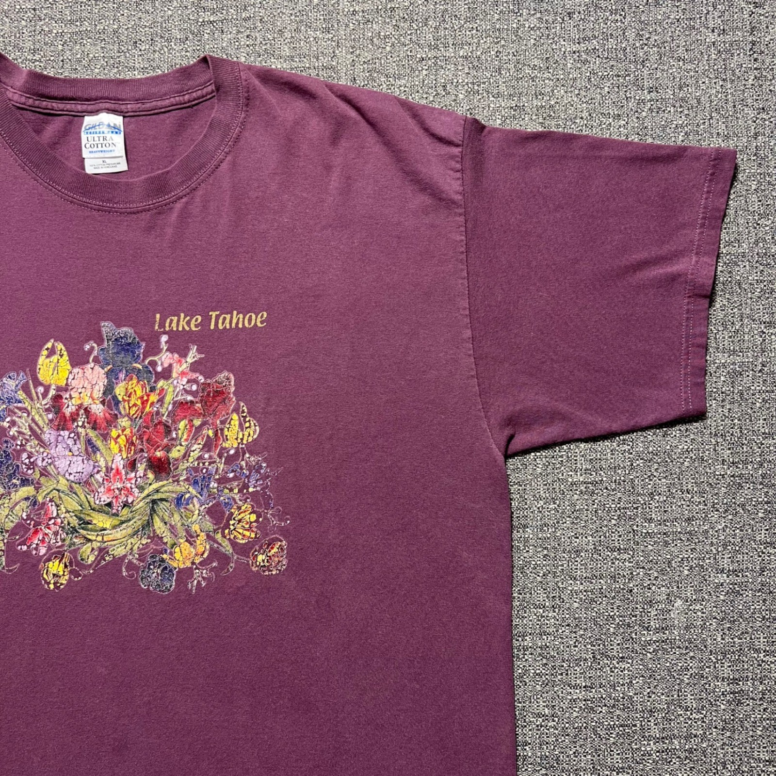 Vintage 90s Lake Tahoe Souvenir T Shirt Mens XL Burgundy Floral Graphic Cotton