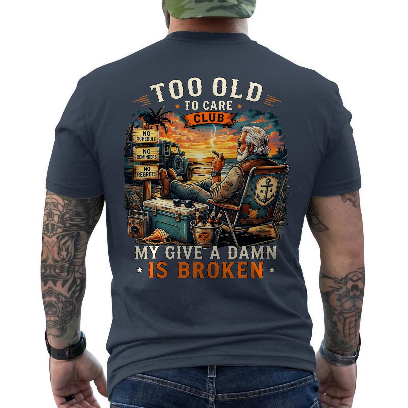Too Old to Care Club Don’t Care My Give A Damn is Broken Retro ON BACK T-Shirt