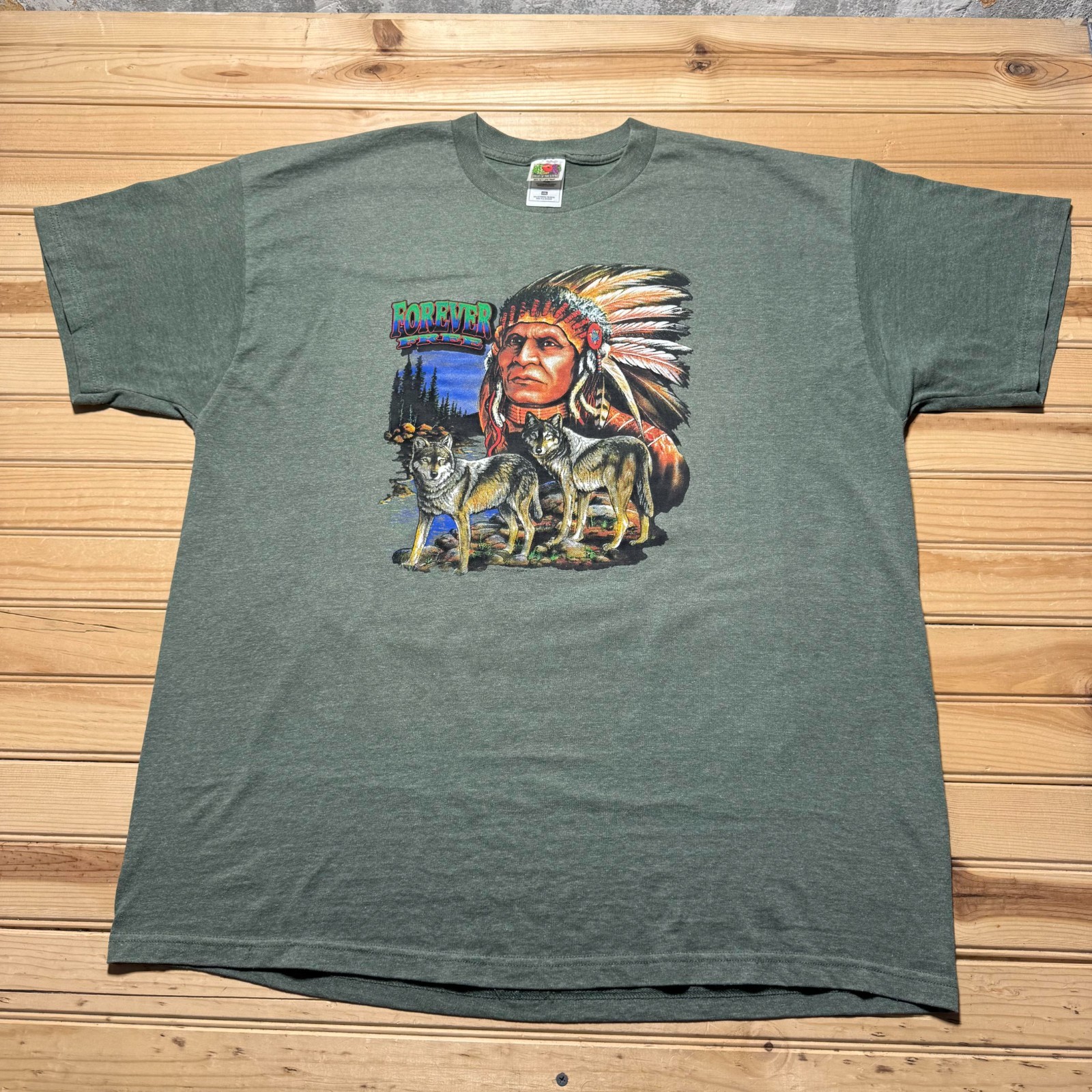 Vintage 90s Forever Free Native American Wolf Heather Graphic T-Shirt – Size XXL