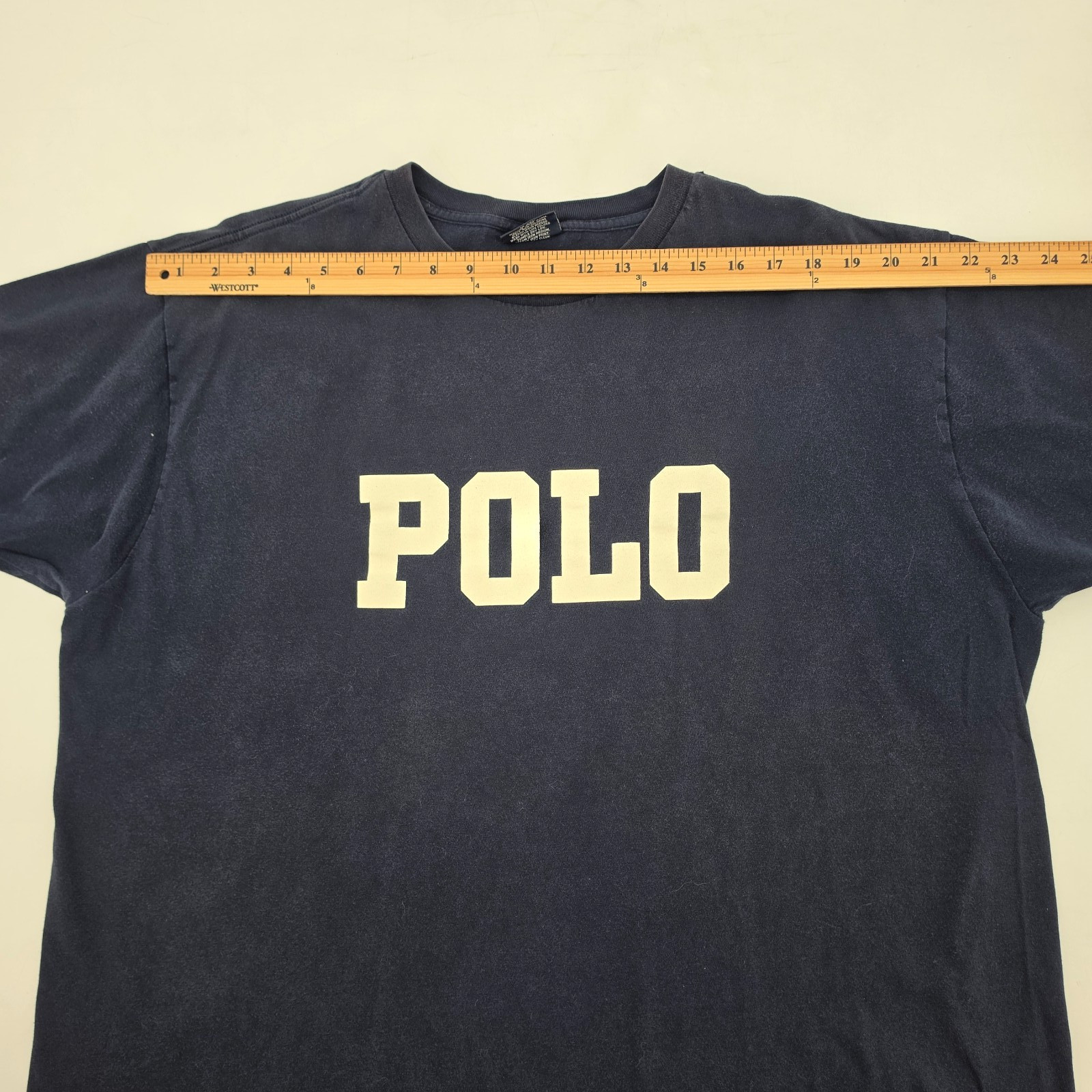 Vintage 90s Polo Ralph Lauren Men’s T-Shirt Size Large Navy Blue White Spellout