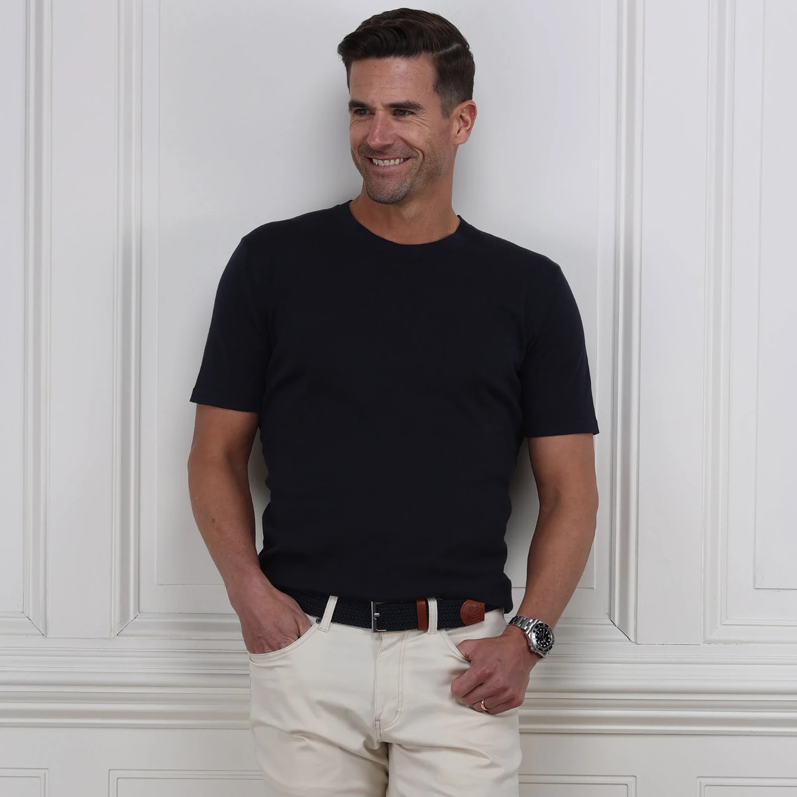 Collars & Co T-Shirt Mens Small Navy Cotton Silk Quiet Luxury Touch Lucca NEW