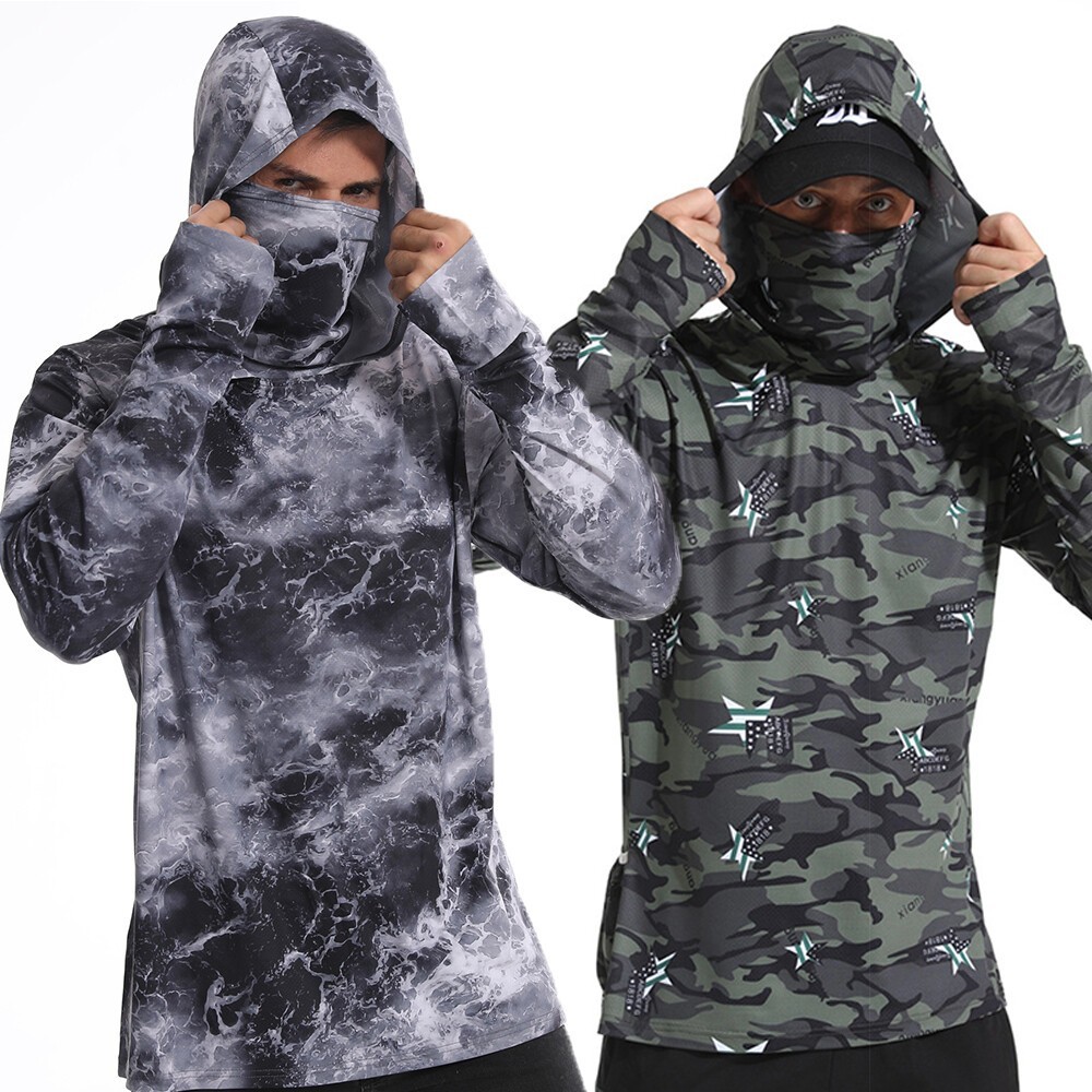UPF50+ Mens Outdoor Fishing Hoodie Sun Block Skin Protection Long Sleeve Top 🌸