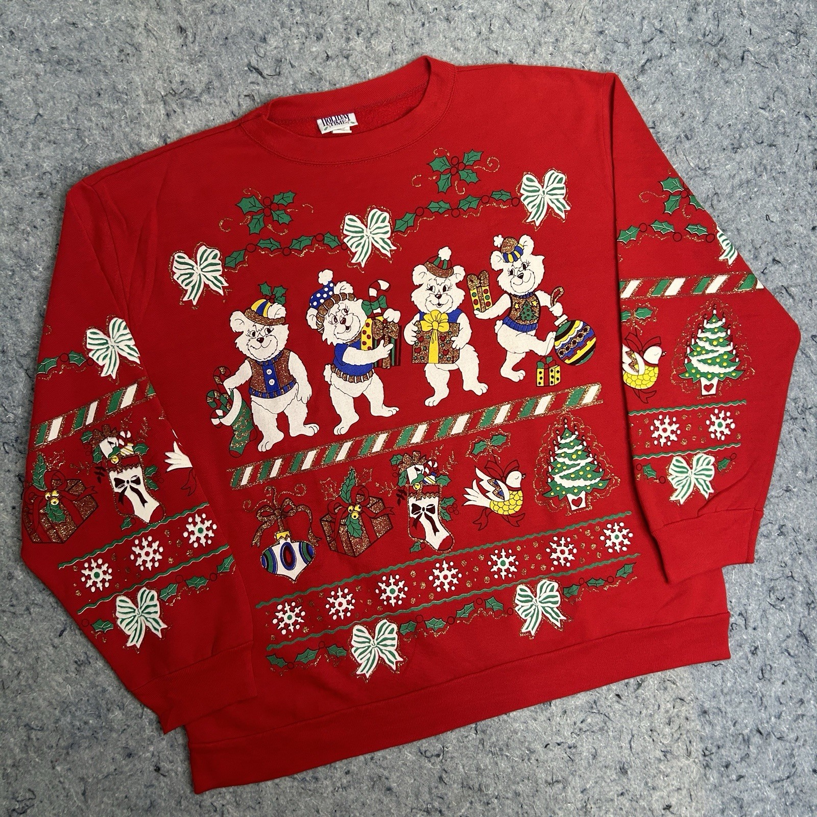 Vintage Holiday Time Christmas Sweatshirt USA Teddy Bears XL Red Ugly Sweater