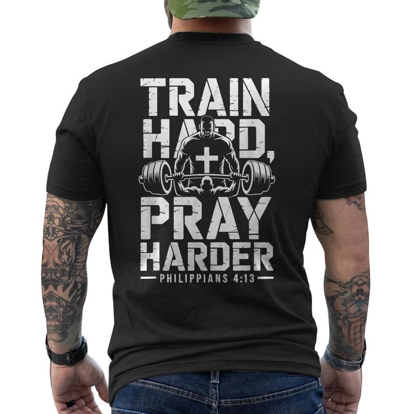 Train Hard Pray Harder Funny Christian Jesus Gym Workout ON BACK T-Shirt