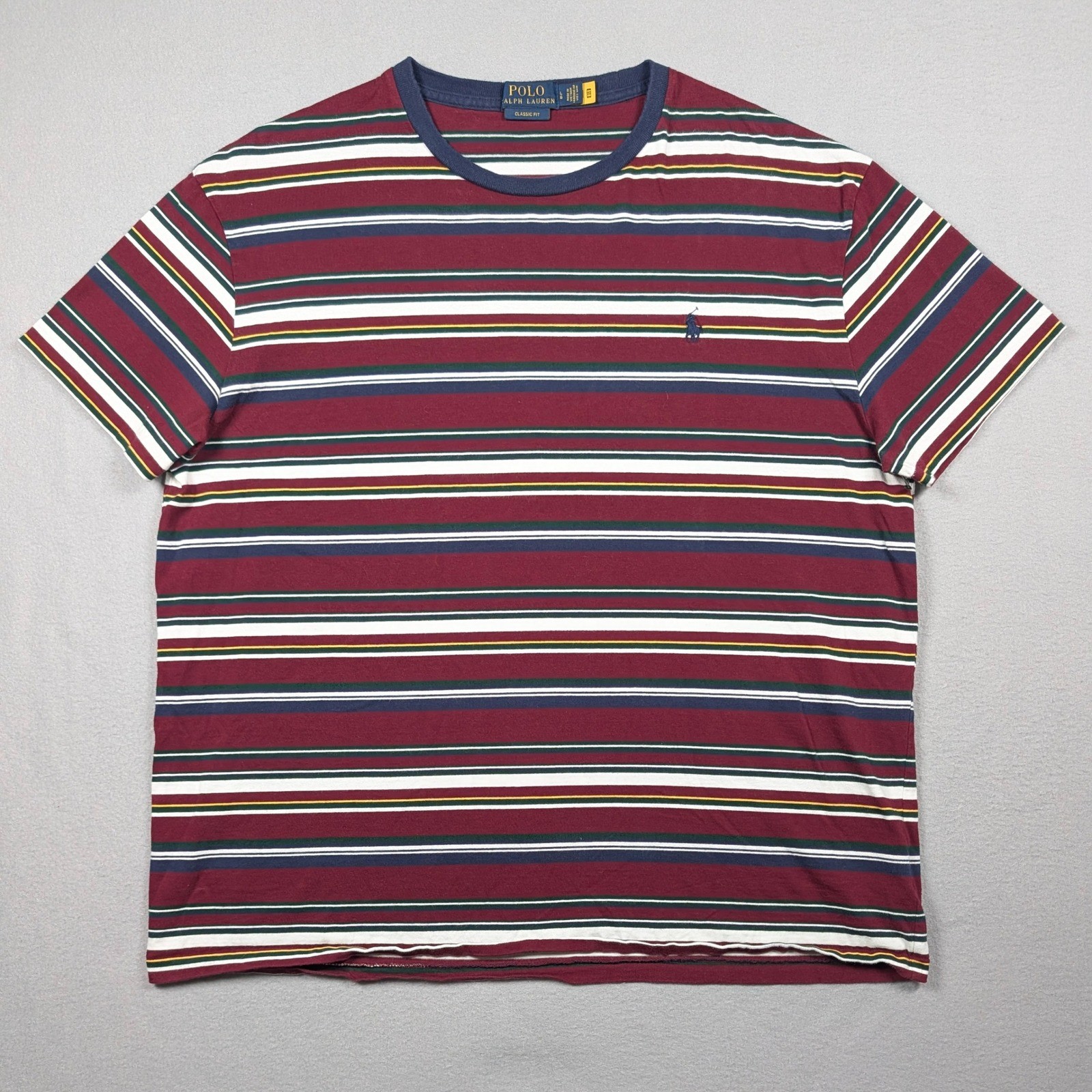 Polo Ralph Lauren T-Shirt Mens Large Burgundy Multi Stripe Classic Fit Pony