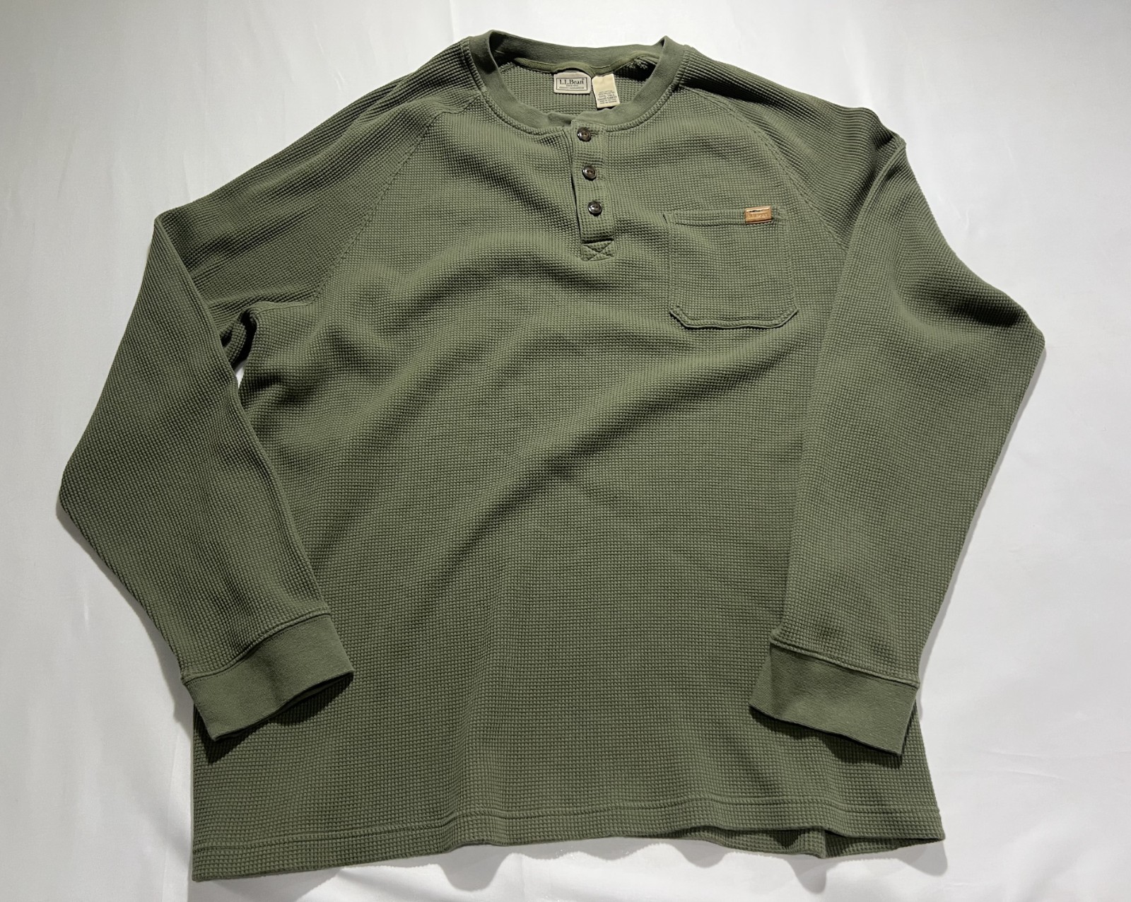 LL Bean Thermal Henley Shirt Mens 3XLT Green Chunky Waffle Knit Y2K Big & Tall