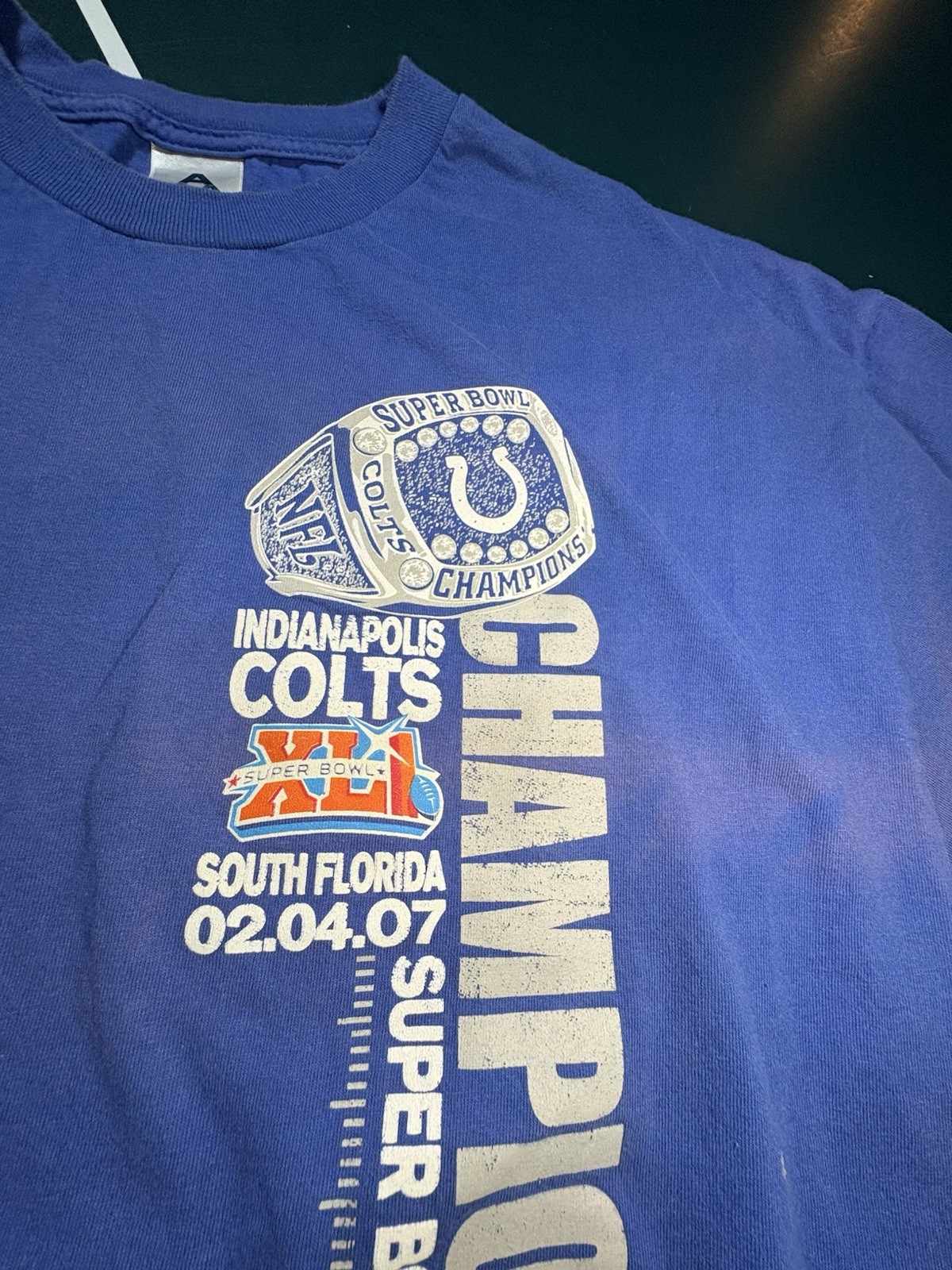 Vintage Indianapolis Colts Superbowl XLI Champions 2007 T Shirt XL Faded Blue