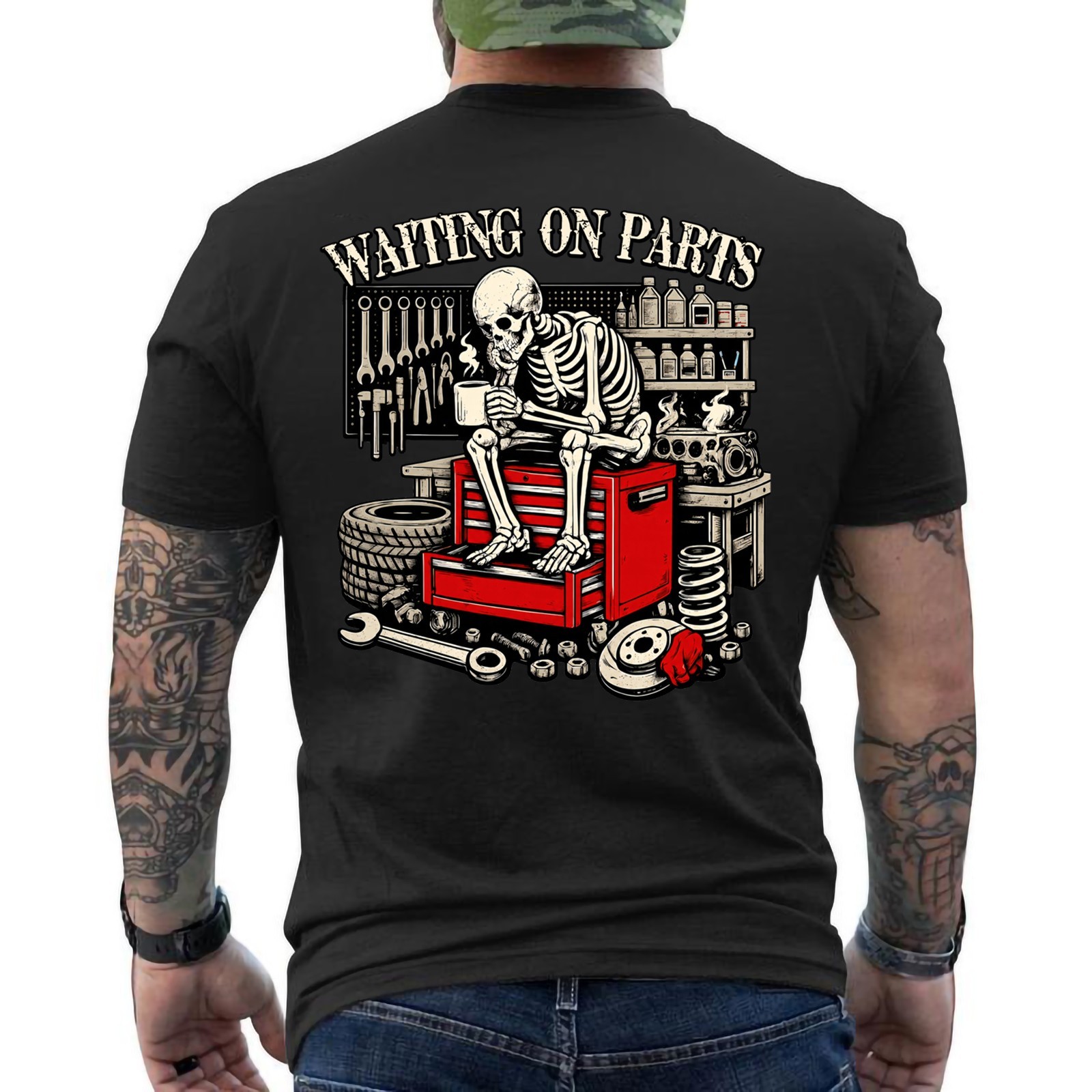 Funny Waiting On Parts Mechanic Skeleton Auto Repair Life Retro ON BACK T-Shirt