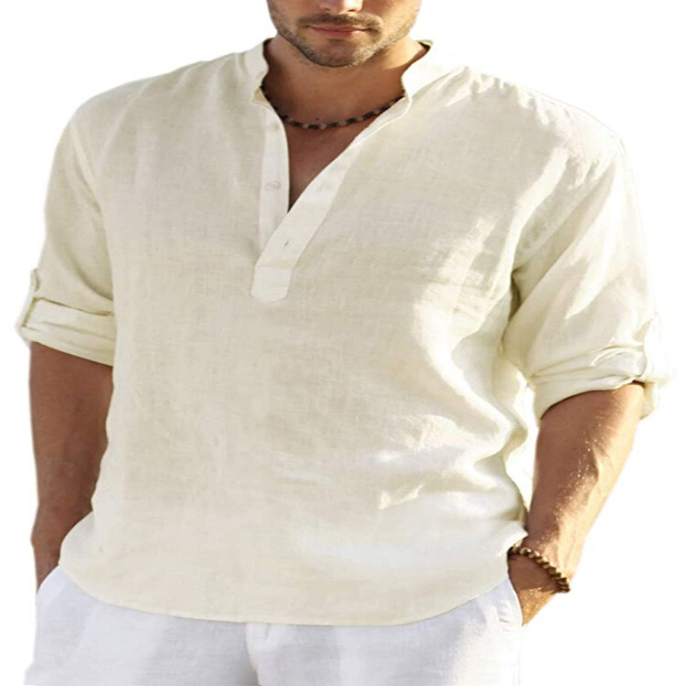 Mens Cotton Linen Long Sleeve Shirt Solid Loose Blouse Button Down Tops T Shirt