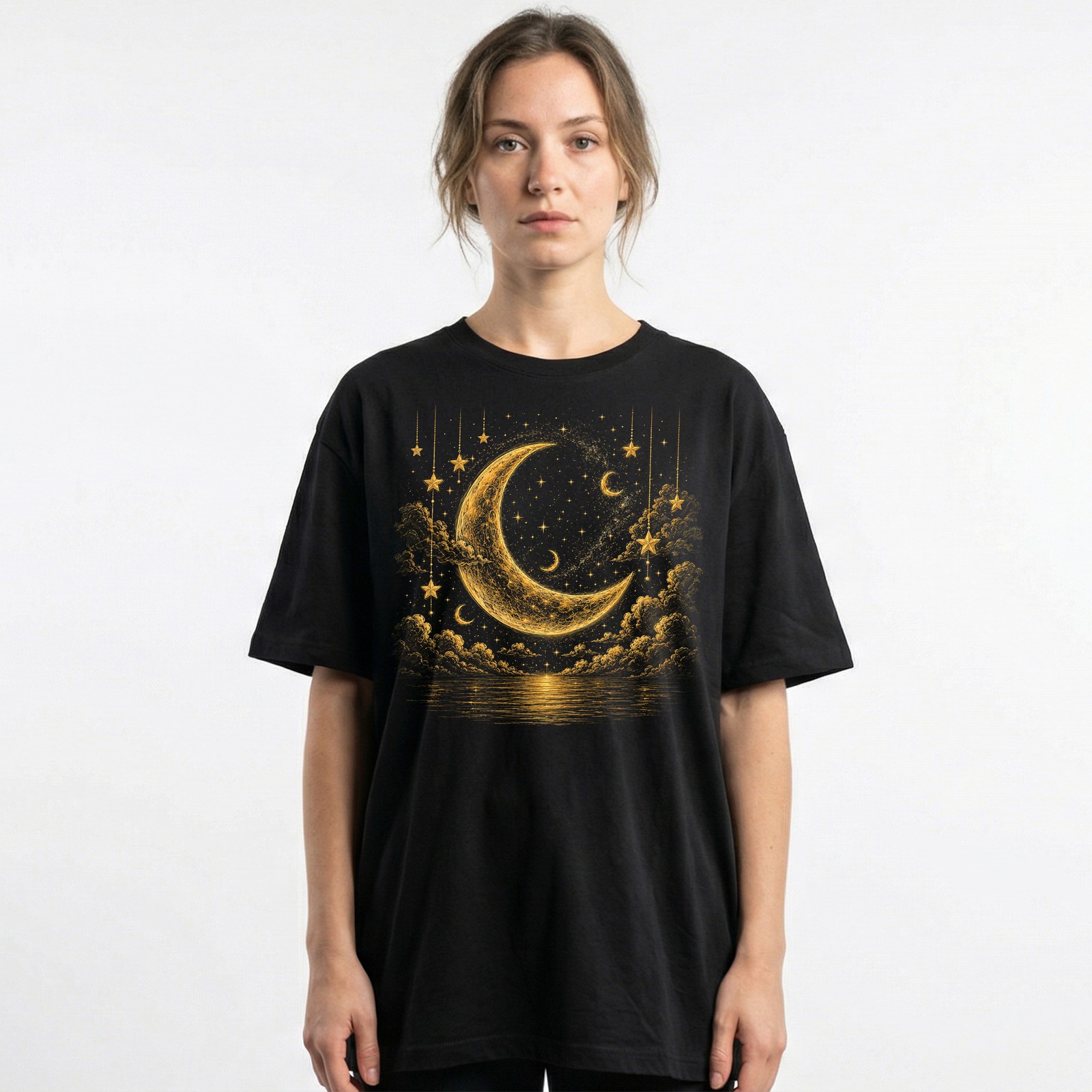 Golden Crescent Moon Stars T-Shirt Mystic Night Sky Reflection Tee