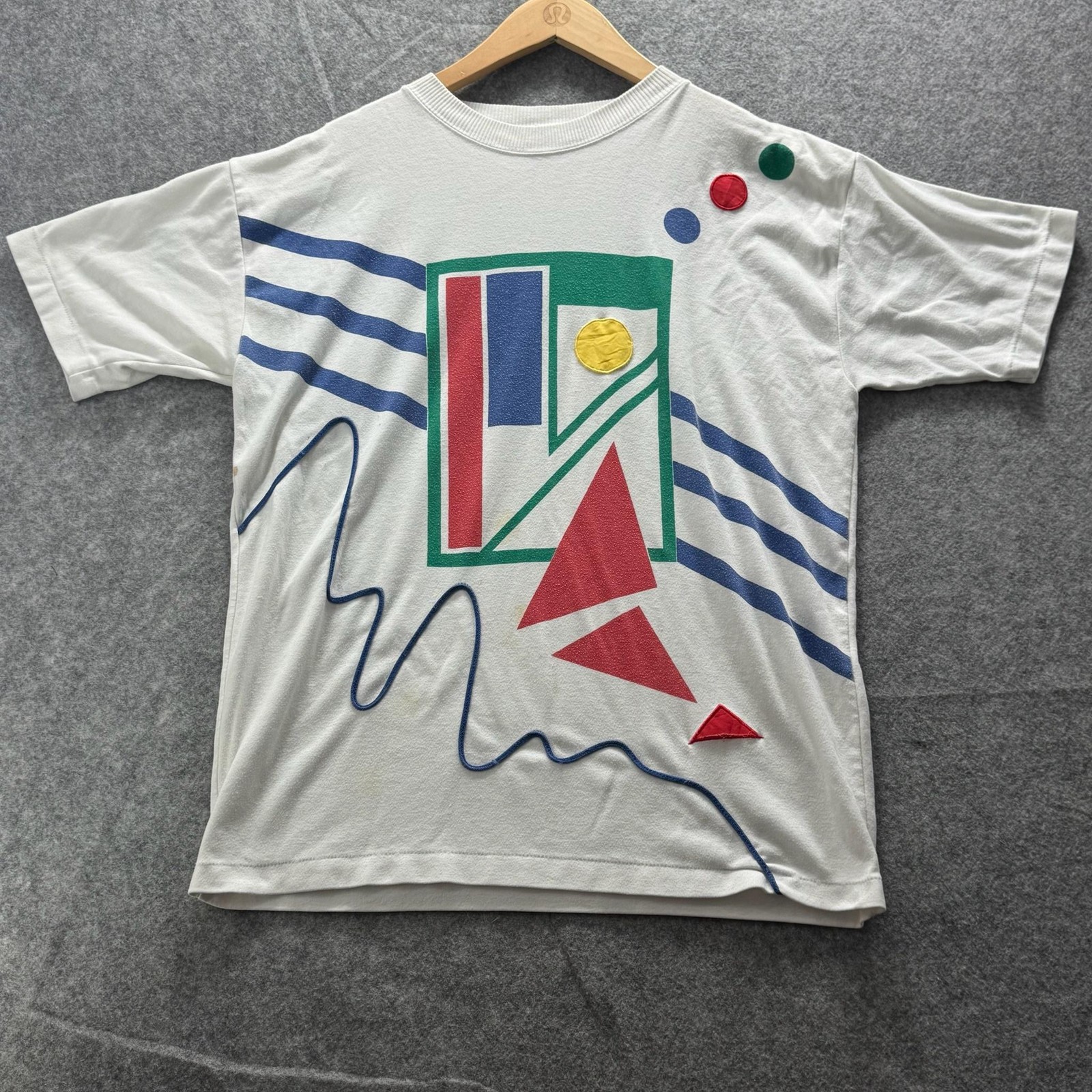 Vintage SS Abstract Geometric Shirt Mens L White Colorblock Graphic Tee Crewneck