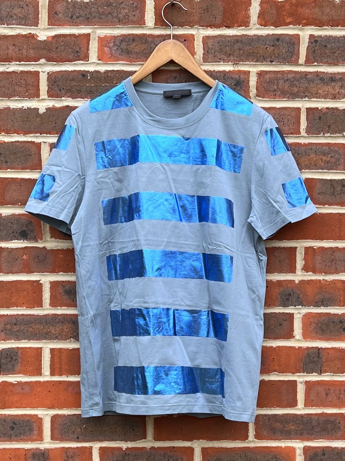 NEW Burberry Prorsum Mens Striped Metallic T Shirt SMALL Blue Slim fit Brit Tee