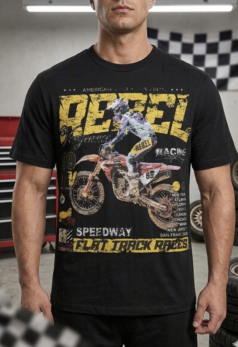 Rebel Speedway Flat Track Races Graphic Tee – Vintage Y2K Motocross Black Tshirt