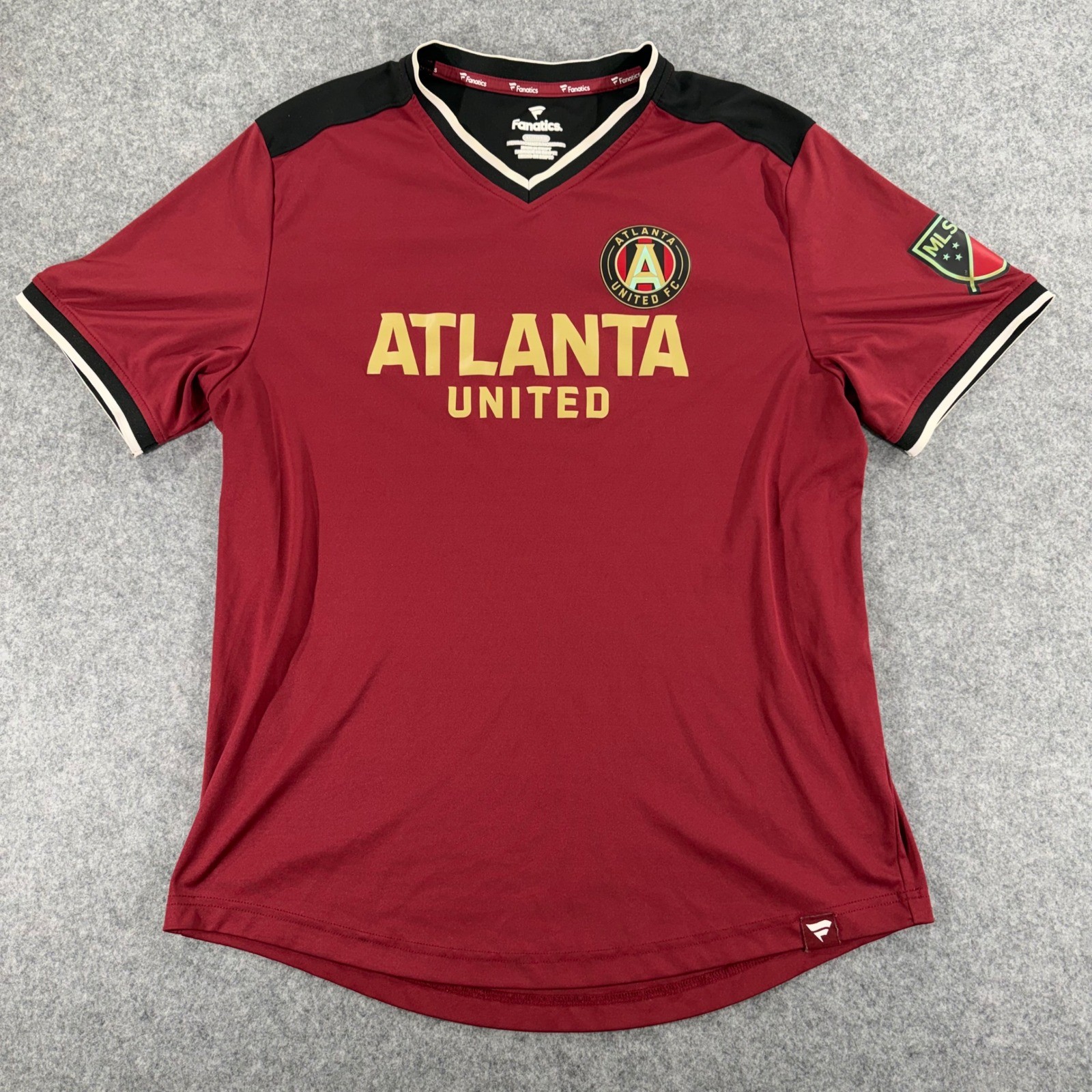 Fanatics Atlanta United FC MLS Soccer Jersey Mens XL Burgundy Black Gold V-Neck