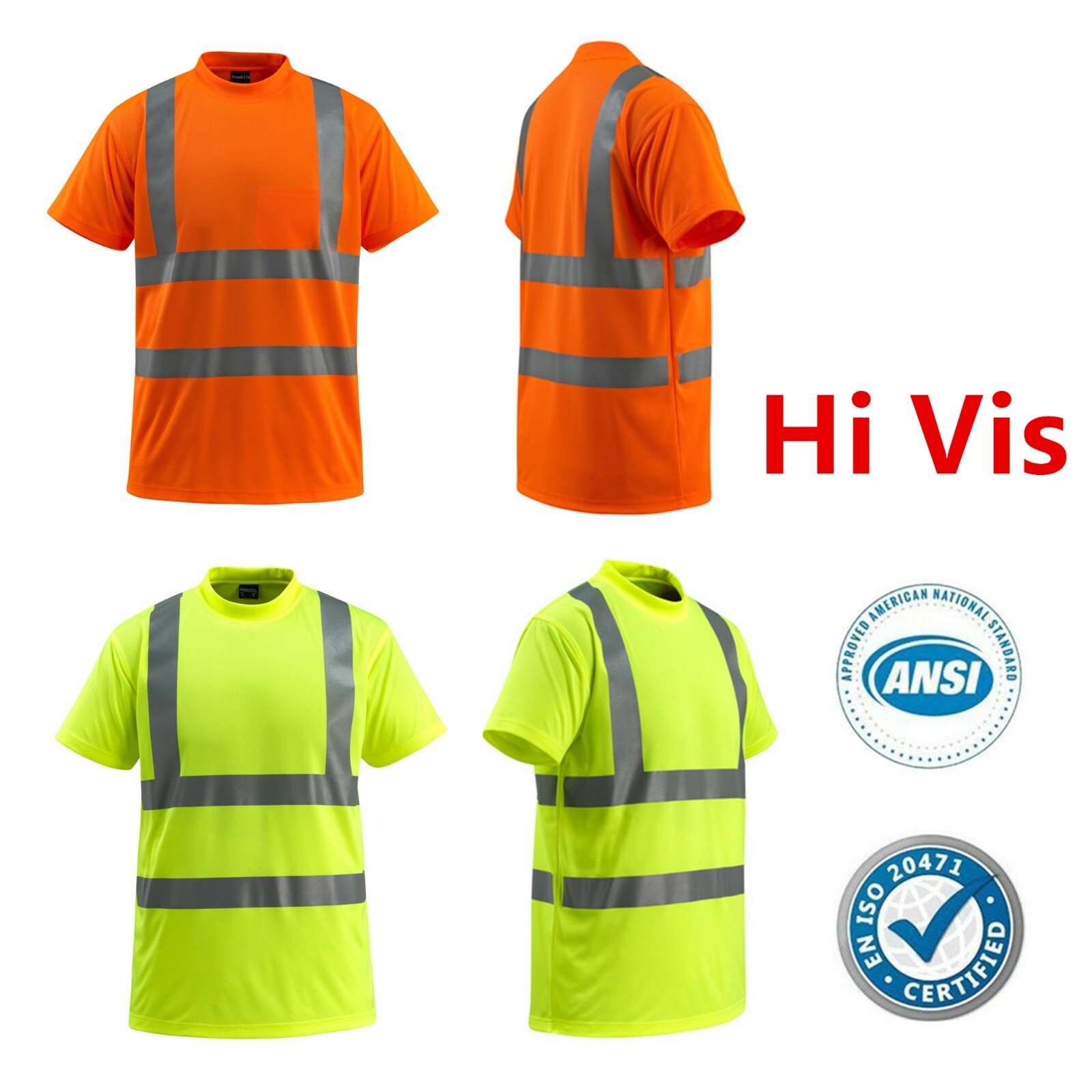 Hi Vis ANSI Class 2 Reflective Safety Work Short Sleeve T Shirts High Visibility