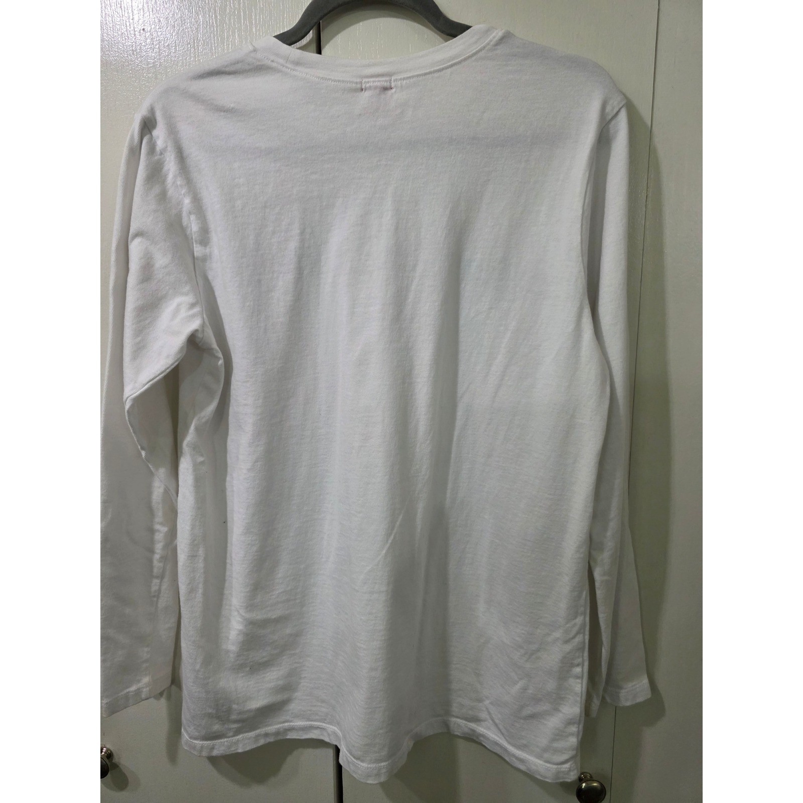 GUESS Mens White Long Sleeve Graphic Logo Tee Shirt Gold Foil Navy Stripe M Y2K
