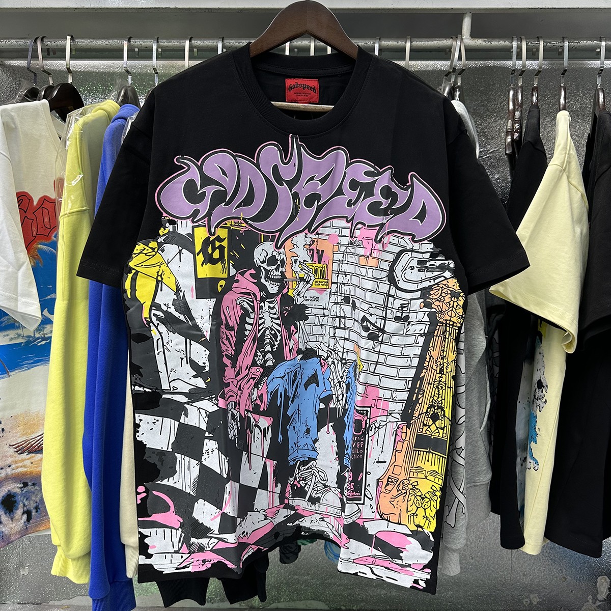 Godspeed Graffiti Style Tee Streetwear Men’s Hip Hop Oversized Graphic T-Shirt