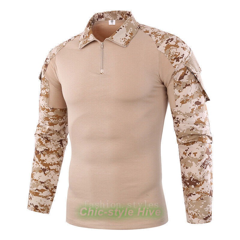 Combat Mens Tactical Shirt Long Sleeve T-Shirt Military Hunting Camo Army Shirt