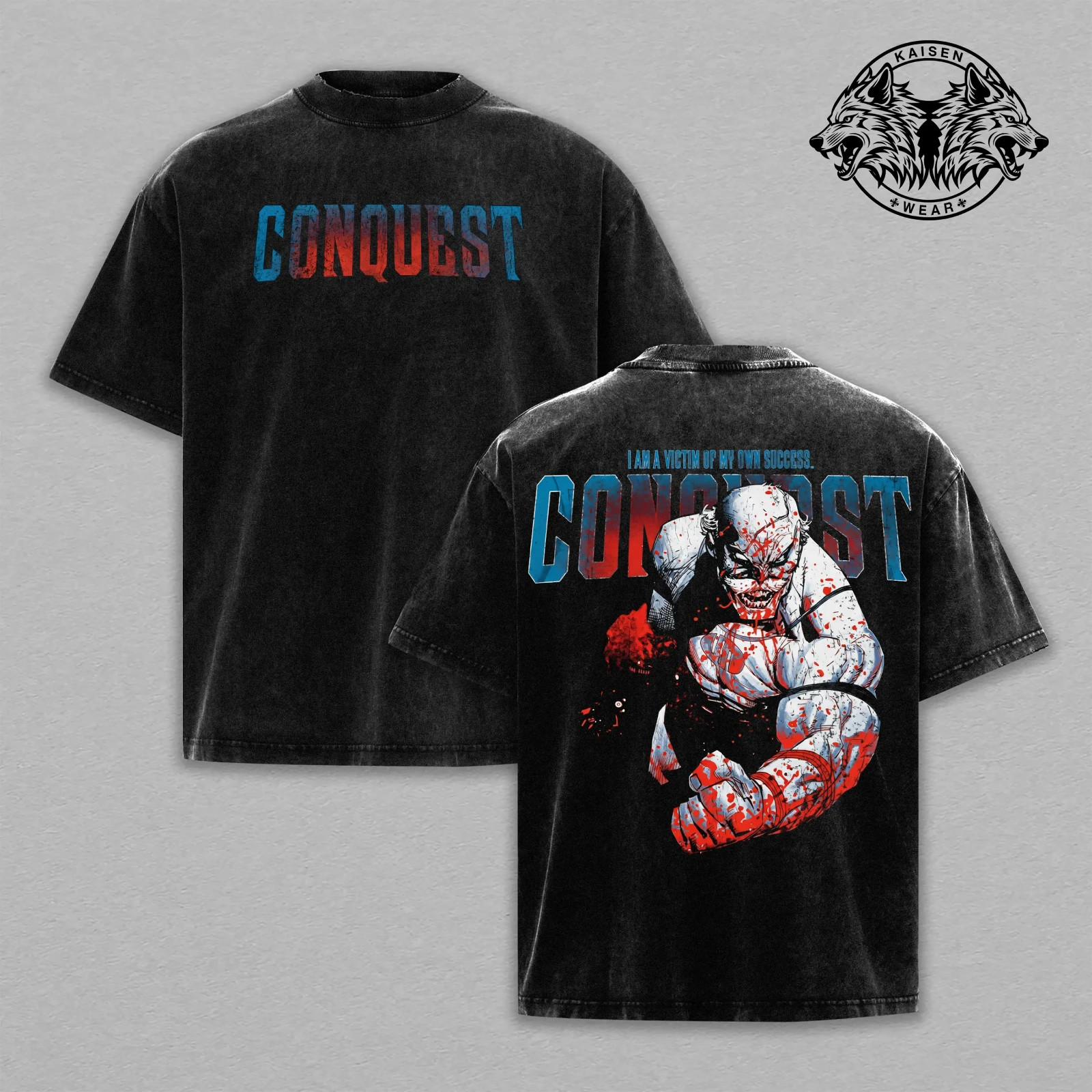 Conquest Invincible Comic Acid Wash T-Shirt Crewneck Graphic Tee Victim Of My