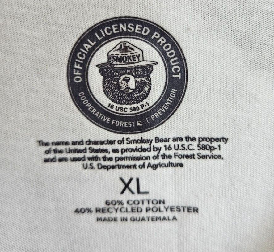 SMOKEY THE BEAR UNISEX T-SHIRT CREW NECK STRAIGHT HEMLINE WHITE SIZE XL #4178