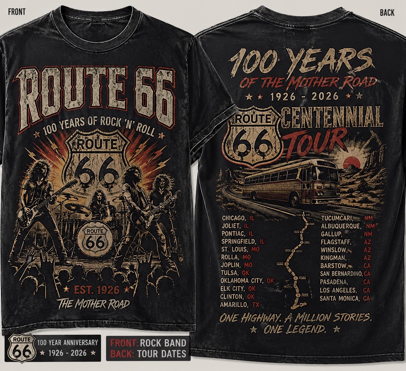 OFFICIAL Route 66 Centennial Tour Graphic T-Shirt Black L Unisex