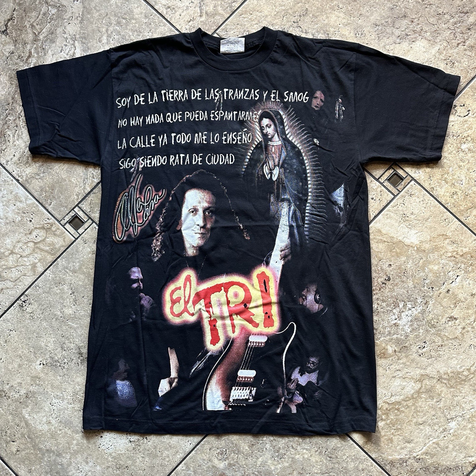 Rare Vintage 90s El TRI Shirt Mens XL Black Mexican Rock Band Double Sided AOP