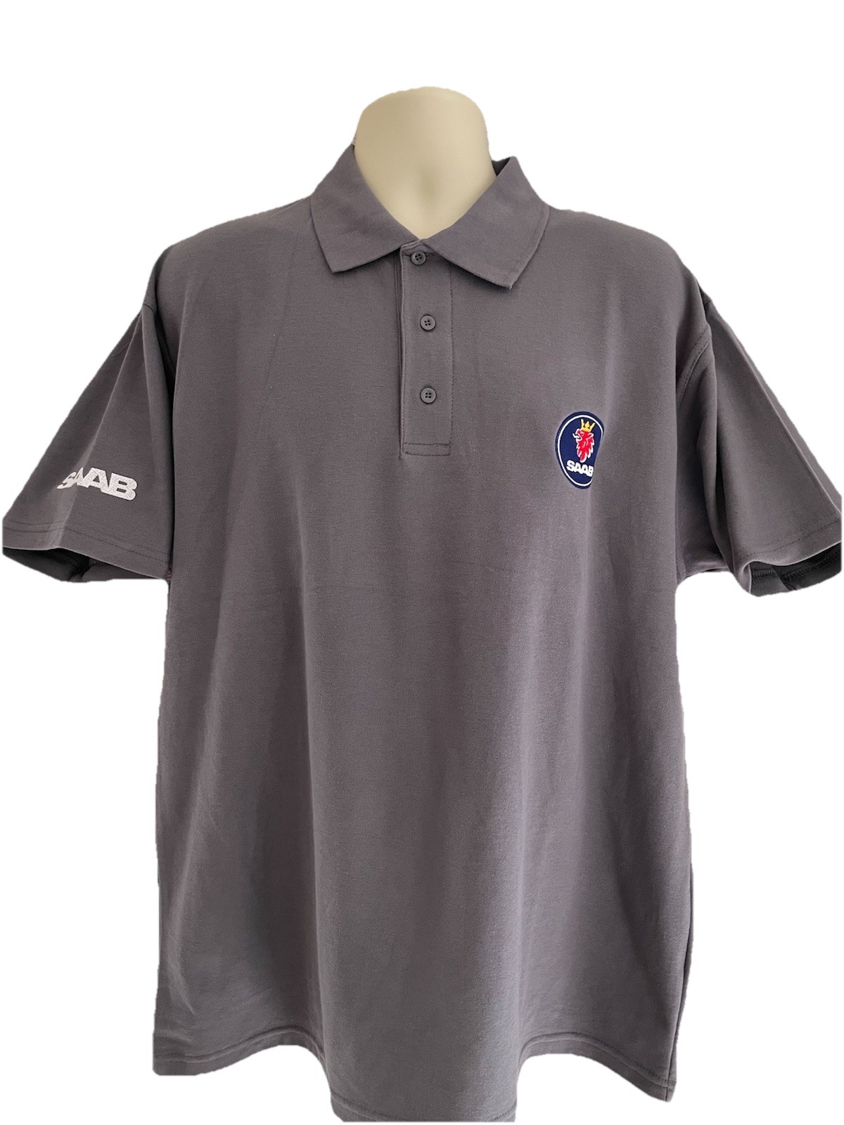 Mens Rich Cotton Polo TShirt SAAB Embroidered Chest Roundel & Sleeve Solid Grey
