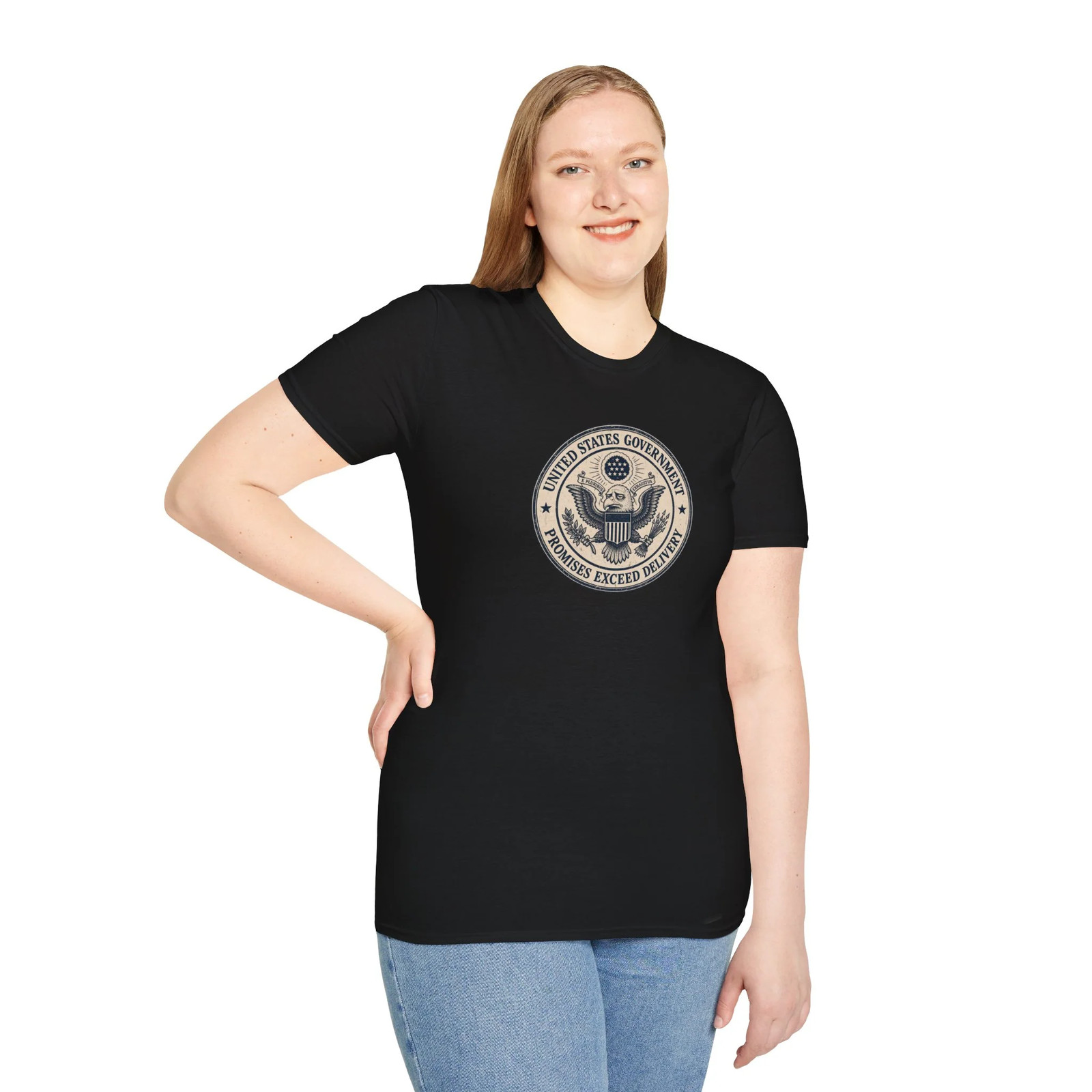 US Government Seal T Shirt Promises Exceed Delivery Funny Unisex Graphic Tee