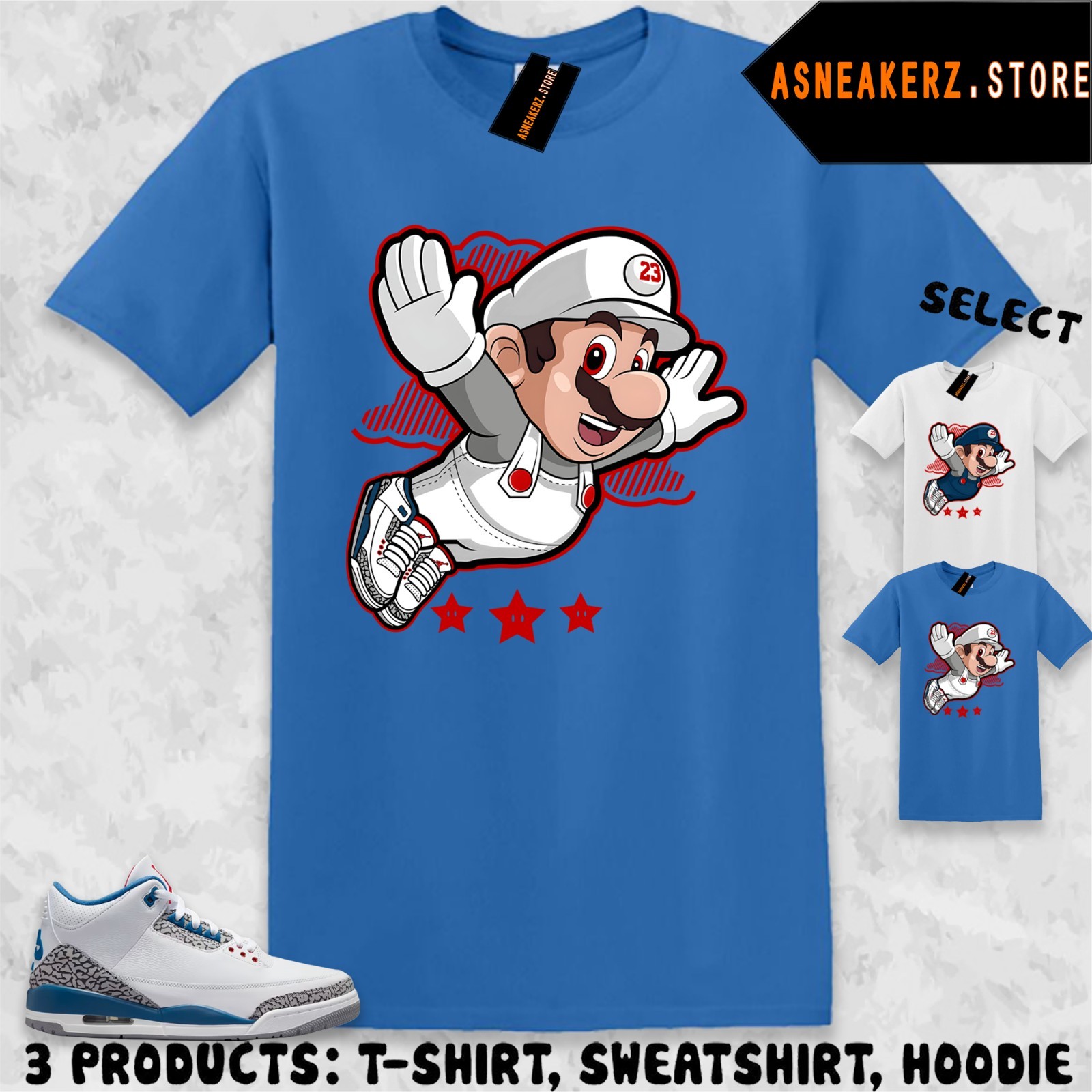 Tee Shirt Matching AJ 3 OG True Blue 2026 To Match Sneaker Mario Fly T-Shirt