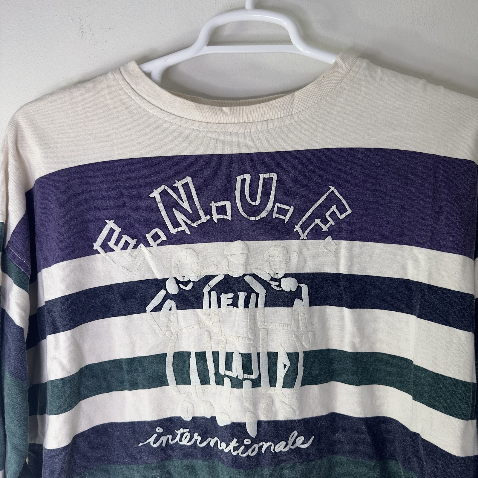 Vintage Enuf Internationale Shirt Mens Medium Purple Green White Striped 90s USA