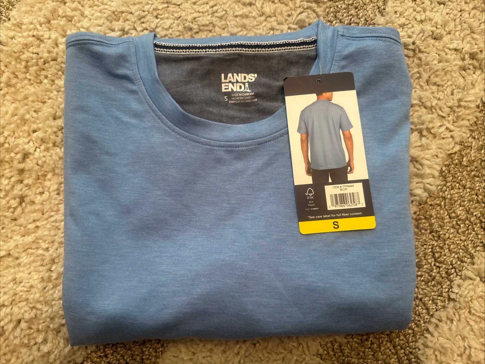 Lands’ End Men’s Short Sleeve Tee, Color Blue, Size Small, Classic Fit, Stretch.
