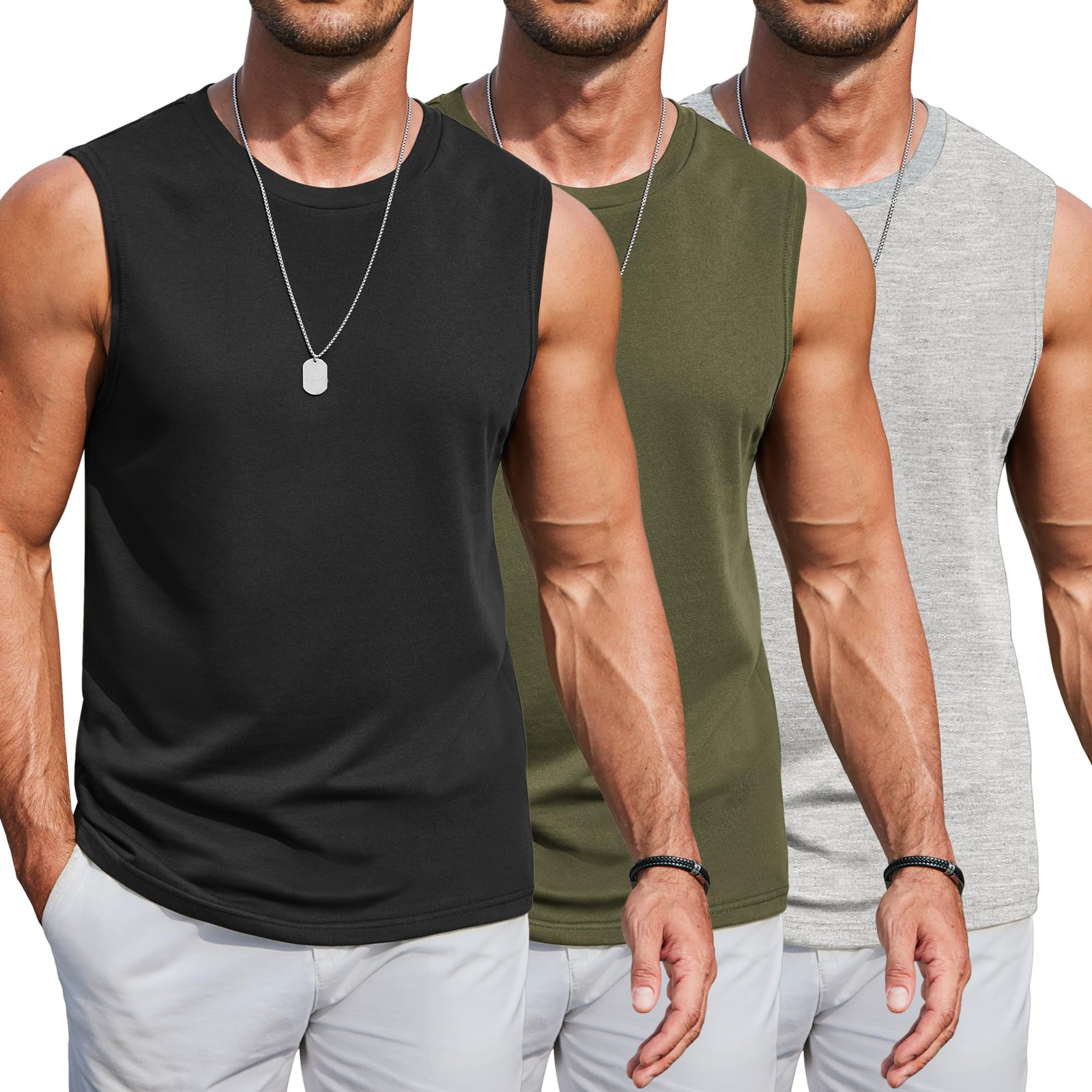Mens Cut Off Tank Tops 3 Pack Sleeveless Cotton Shirt for Men Training Summer…