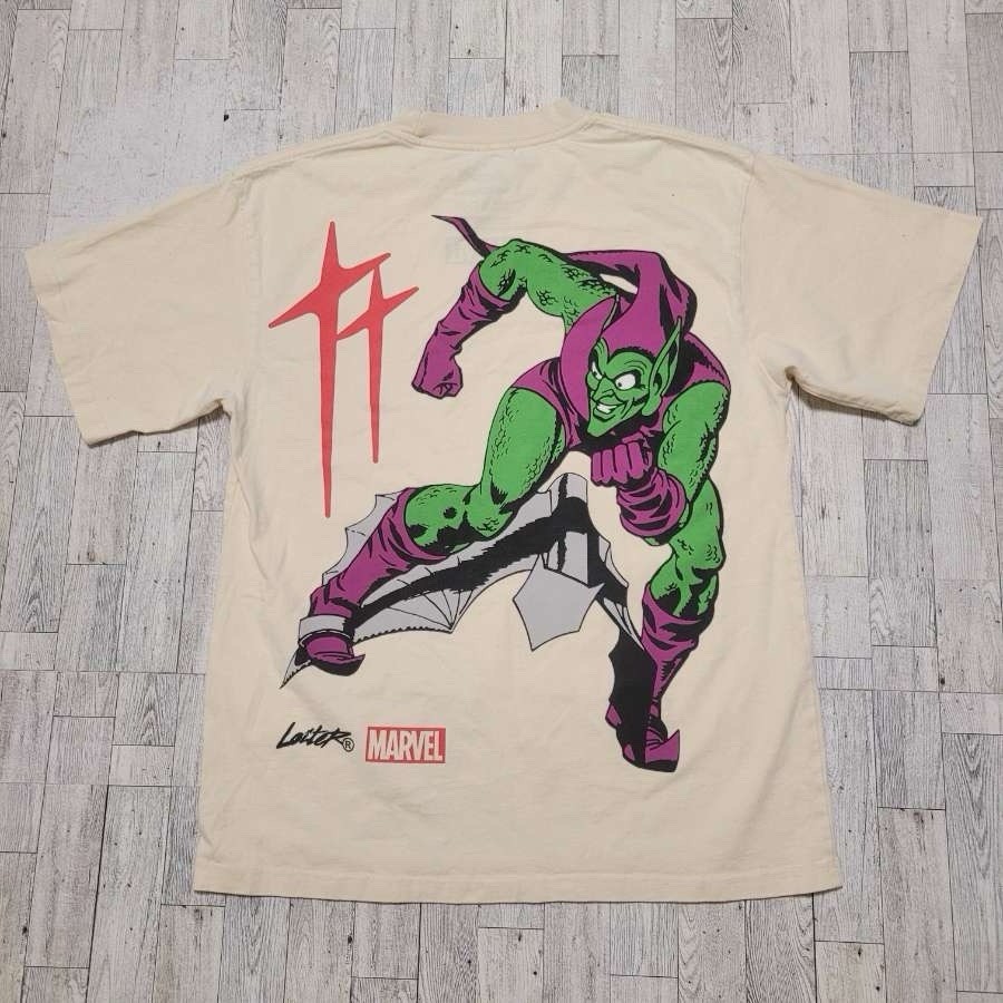 Men’s Loiter × Marvel Green Goblin HUGE Graphic Off White Cotton Shirt Size M