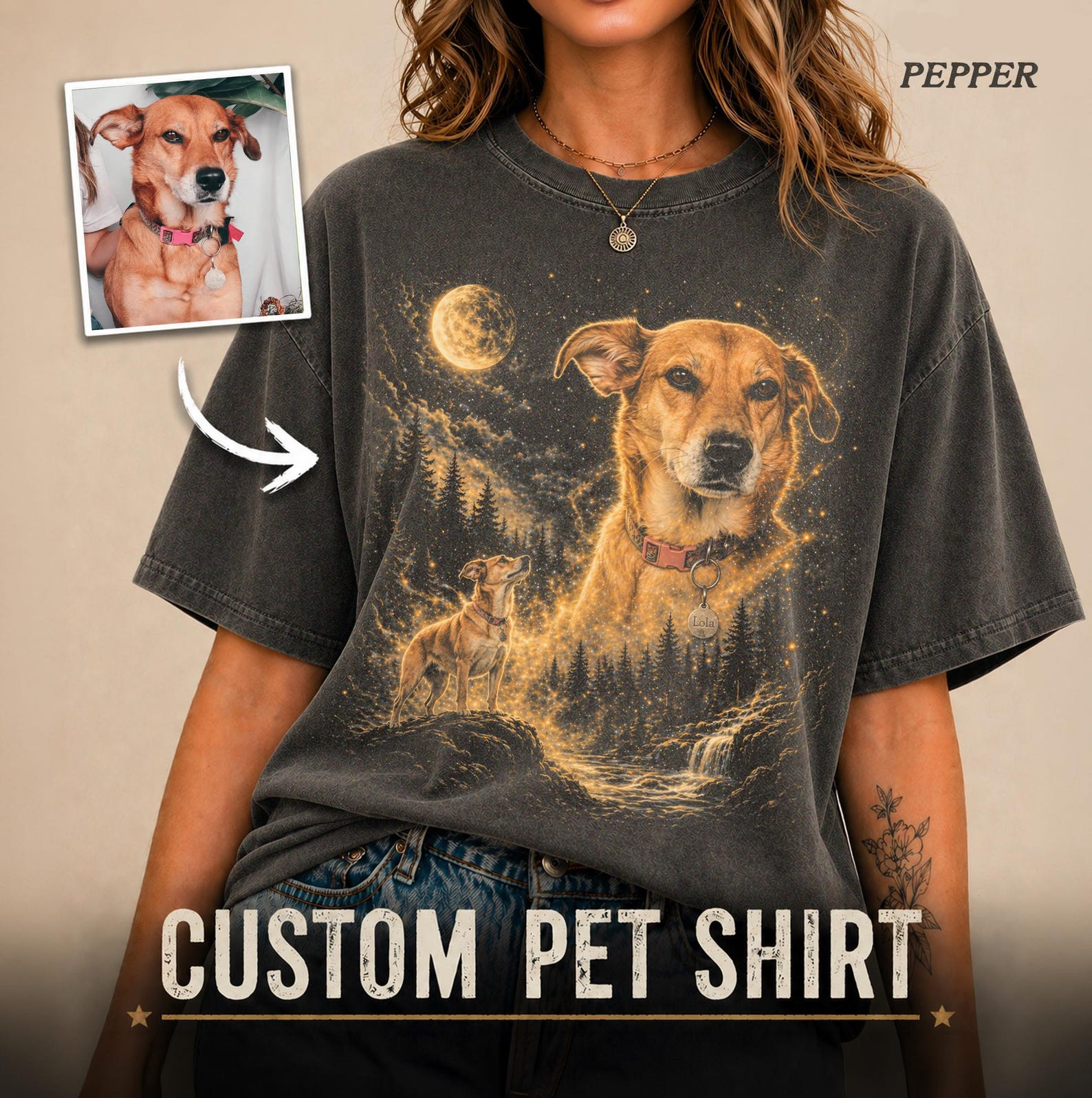 Custom Pet Photo Shirt Personalized Dog Howling Moon Tee S-2XL