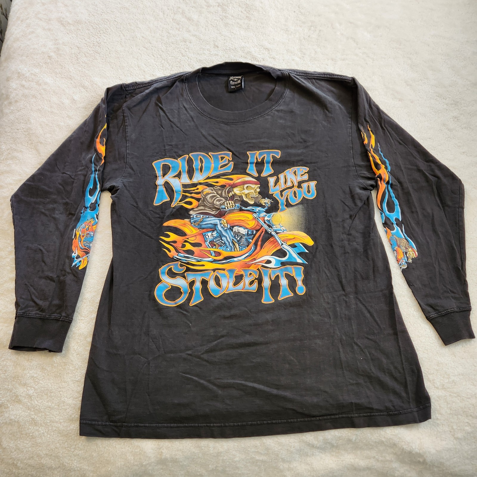 Y2K Flaming Skeleton Biker Graphic LS Shirt Lightning Clothing size Large