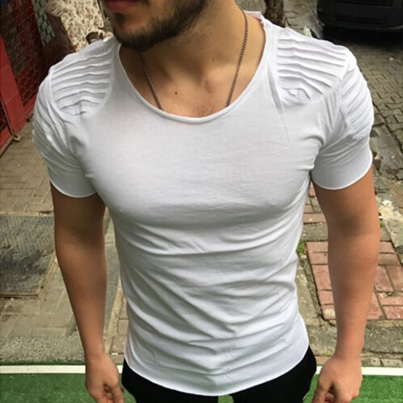 Men Pleated Shoulder Short Sleeve T-shirt Slim Fit Biker Top Tee Shirt Punk Rock