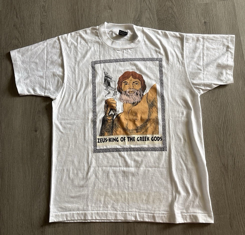 90s Fruit of the Loom Zeus Greek Gods Graphic Print White Crew Neck T-Shirt L