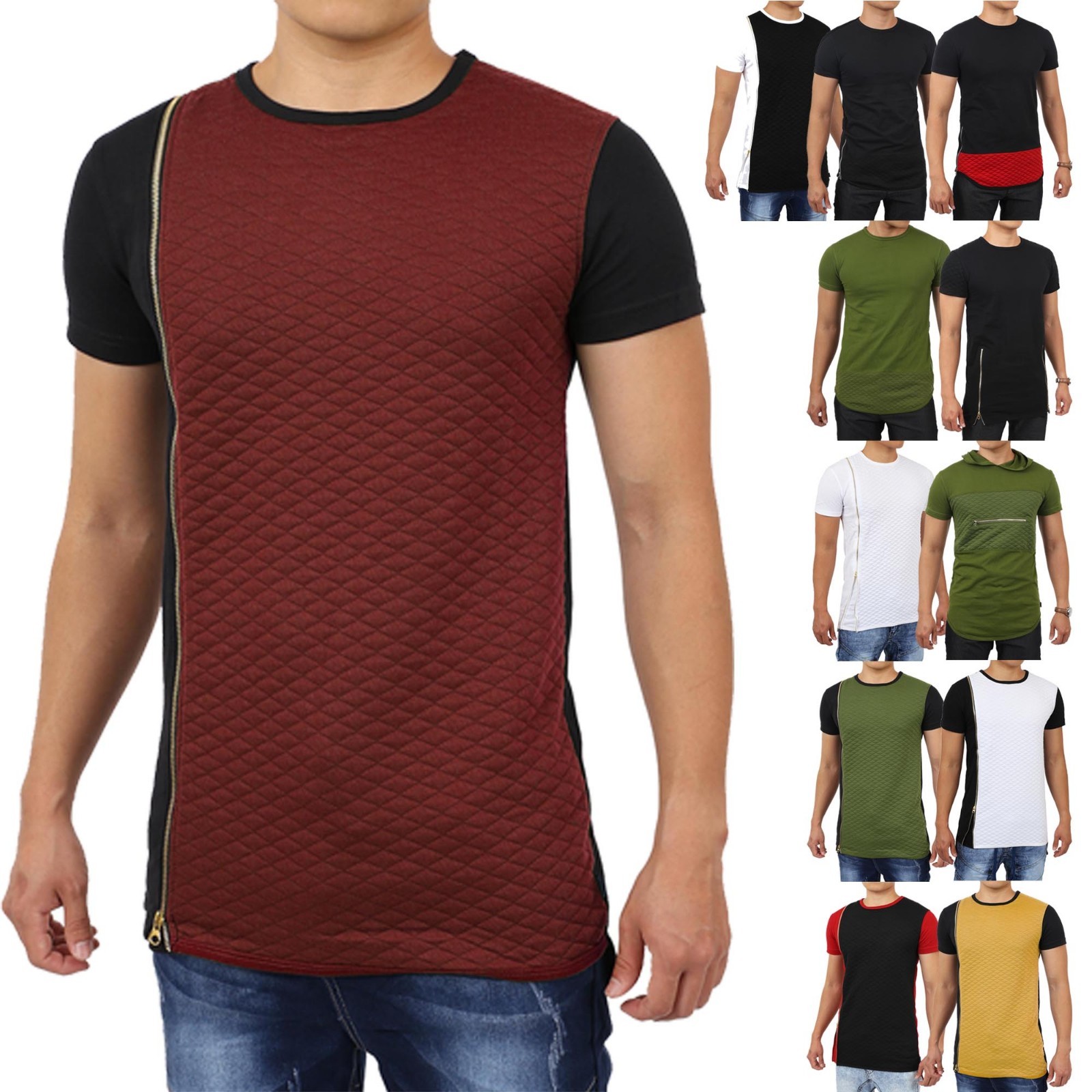 Mens HIPSTER T Shirts Casual Extended Longline Back Hip Hop Tee Zipper Tee