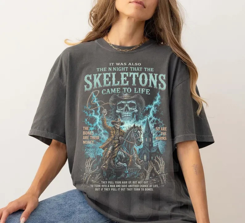 Skeleton Cowboy Shirt, Western Horror Graphic Tee, Night Skeletons Came To Life