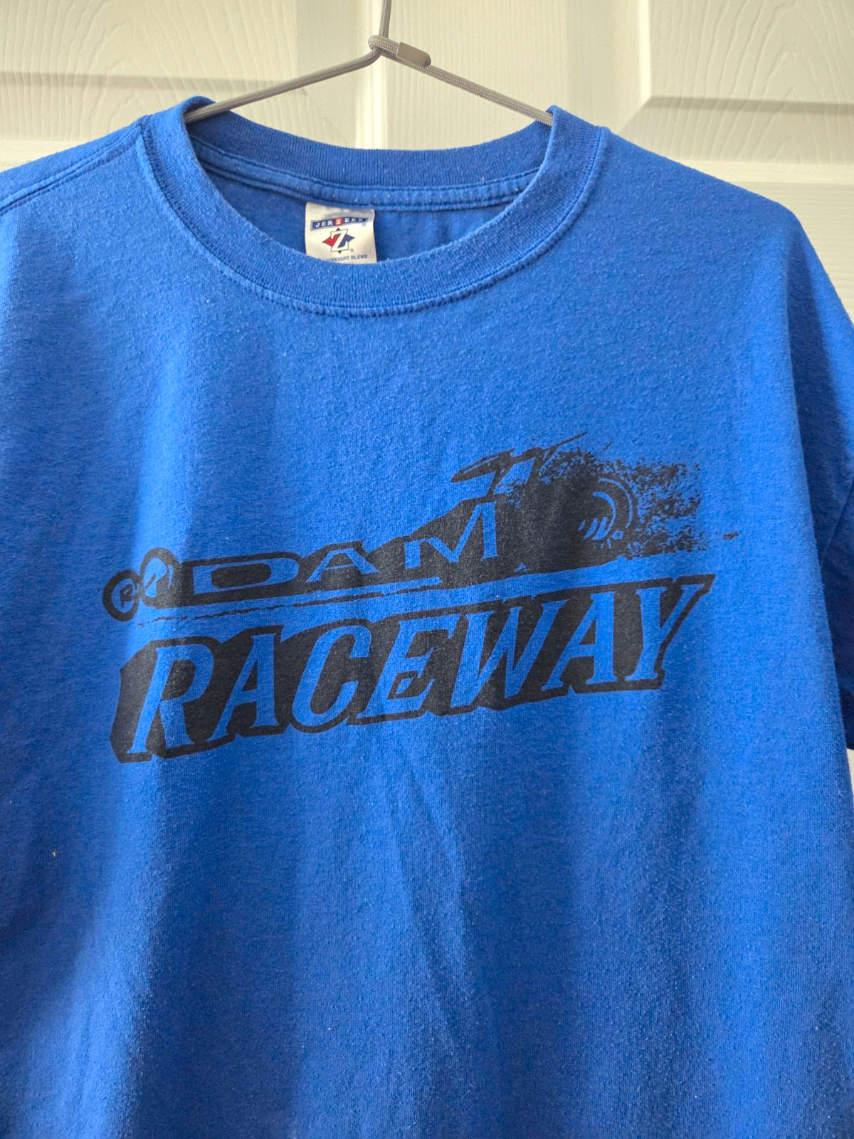 Jerzees Heavyweight Blend Men’s L Blue Racing Graphic Crew Neck T-Shirt