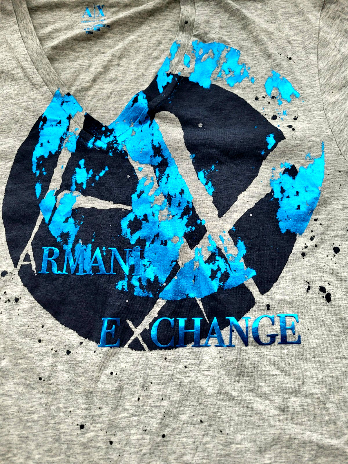NWT Armani Exchange Heather Gray Blue Foil Graphic V Neck Logo Tee T Shirt Sz L