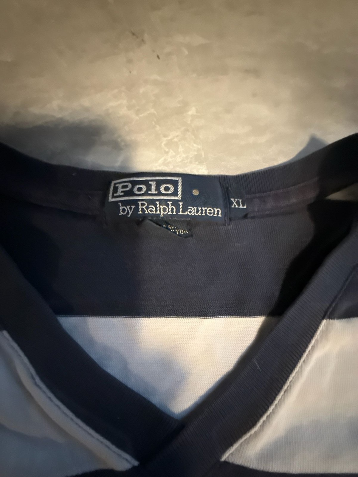 Polo Ralph Lauren Navy Blue & White Striped T-Shirt Size XL Bottom Hem Logo