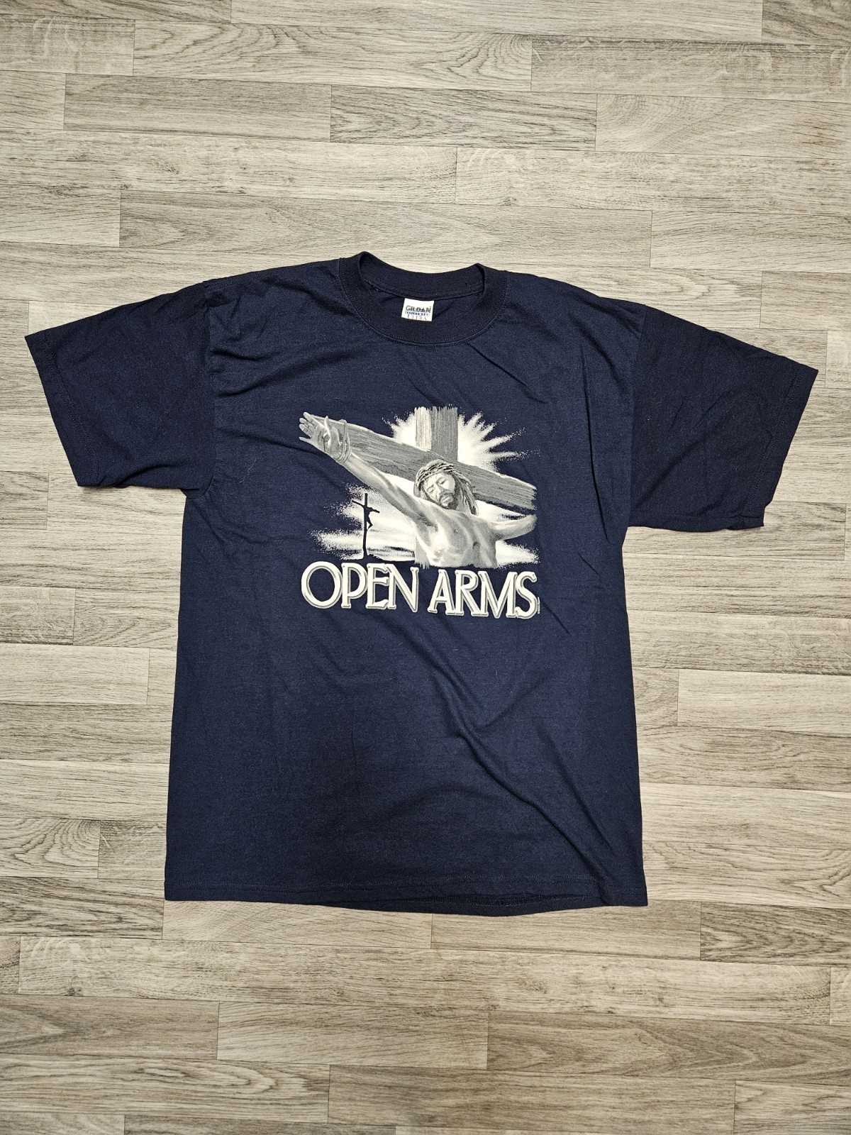 Vintage Jesus Open Arms T-Shirt Size Large Crucifixion Blue