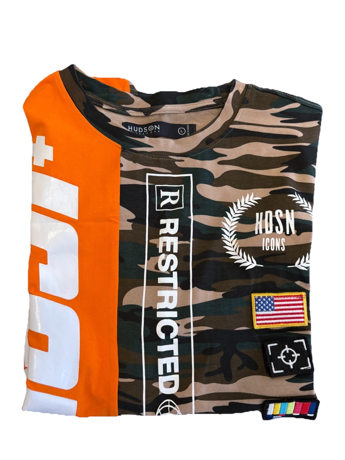 Hudson Men’s T-shirt L Is A Camouflage Print Featuring ICON and RESTRICTED AD