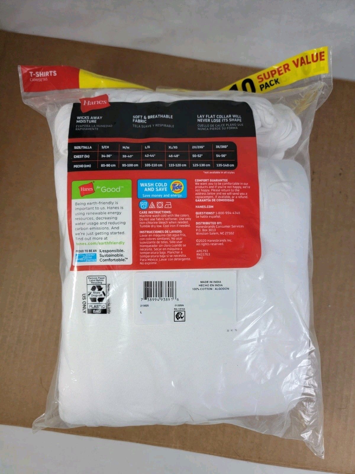 Hanes Men’s 10-Pack White Crewneck T-Shirts Size Large Tagless Super Value Pack