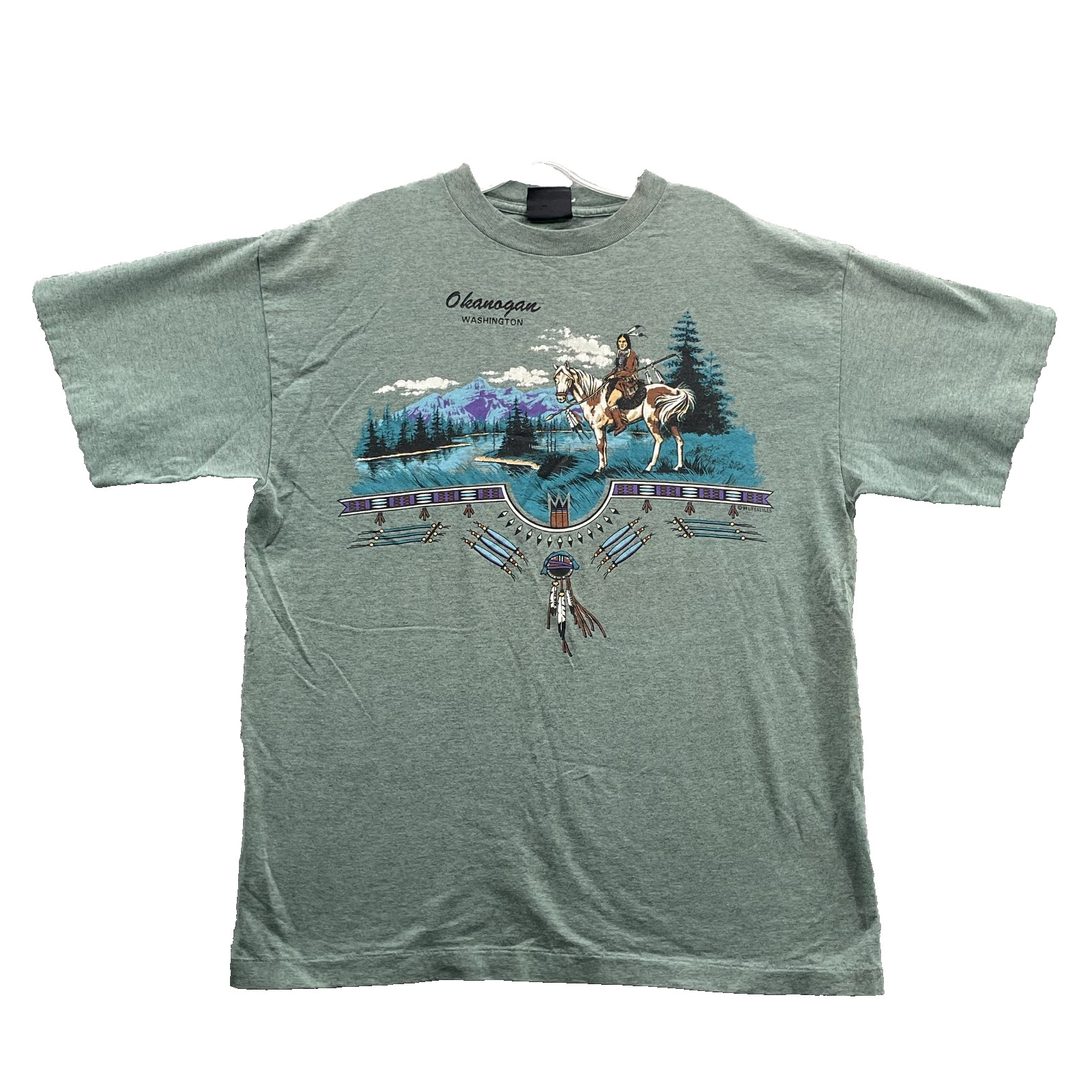 Vintage Signal Okanagan Washington T-Shirt Large Green Native American Retro USA
