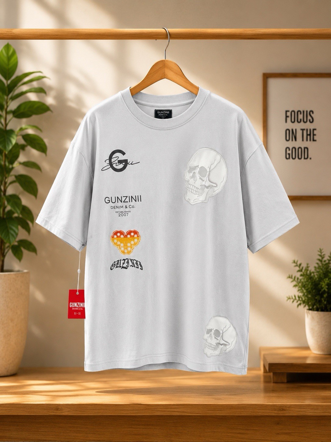 GUNZINII Men’s White Skull Graphic Print Crew Neck Short Sleeve T-Shirt, XL