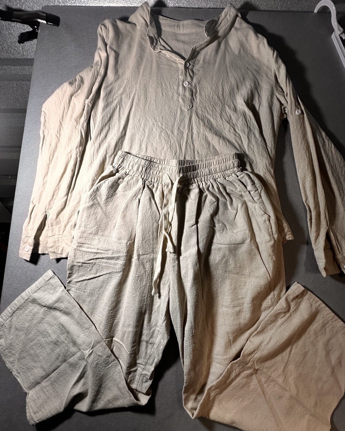 Cream Beige Linen Cotton Shirt & Pant Set – Men Size Small 2 Piece Set